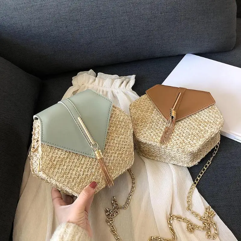 

Hexagon Straw Bag Handbags Women Summer Rattan Bag Handmade Woven Beach Circle Bohemia PU Handbag Summer Beach Boho Bag
