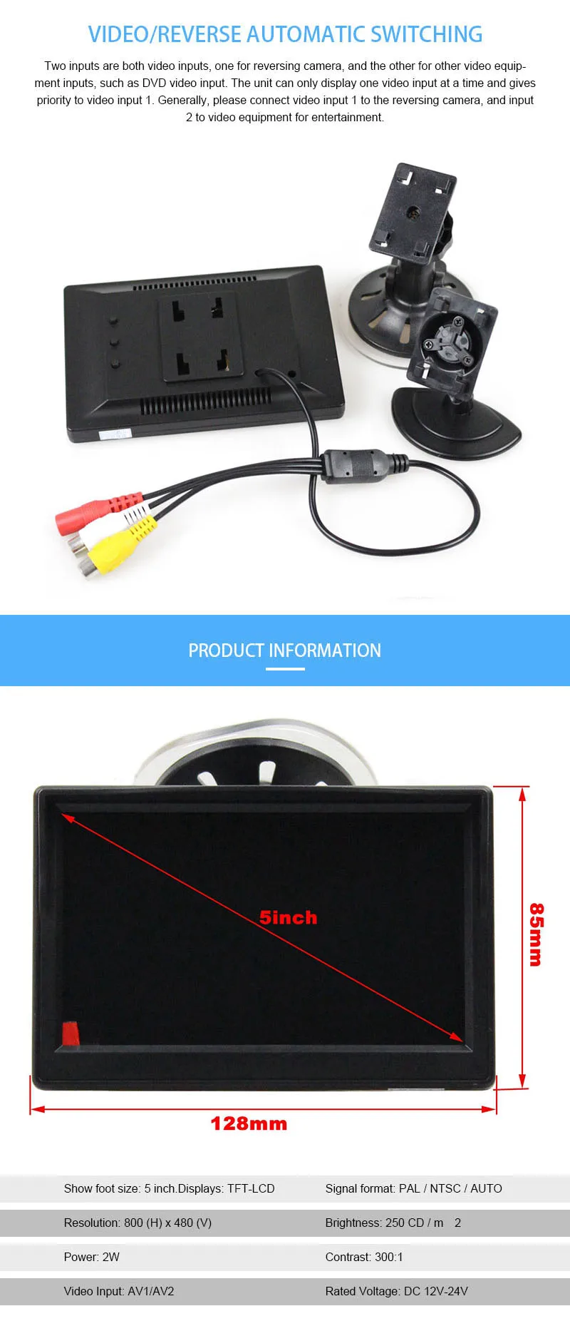 DIYSECUR " автомобильный монитор TFT ЖК-дисплей HD цифровой 800*480 Экран 2 Way видео Вход для заднего вида автомобиля Камера DVD/VCD/