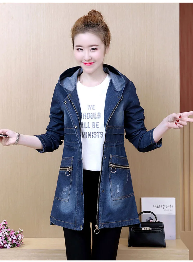 Новинка года; сезон весна-осень; Корейская Длинная тонкая джинсовая куртка с капюшоном для девочек; пальто больших размеров; Женская ветровка с длинными рукавами; 5XL