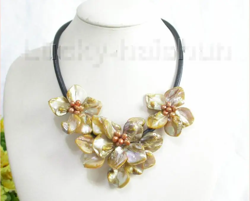 

Hot sale new Style >>>>> Genuine 18" Baroque bloom yellow pearls choker leather necklace j7409