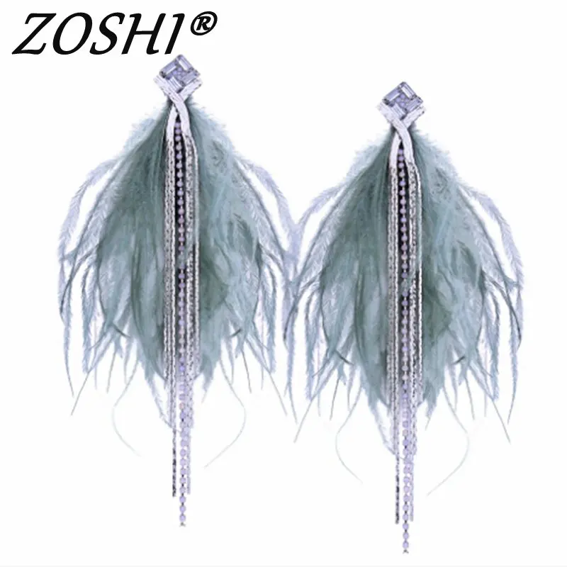 

ZOSHI New Boho Exaggerated Multilayer Rhinestone Tassel Earrings For Women Fashion Feathers Crystal Long Fringe Dangle Earrings