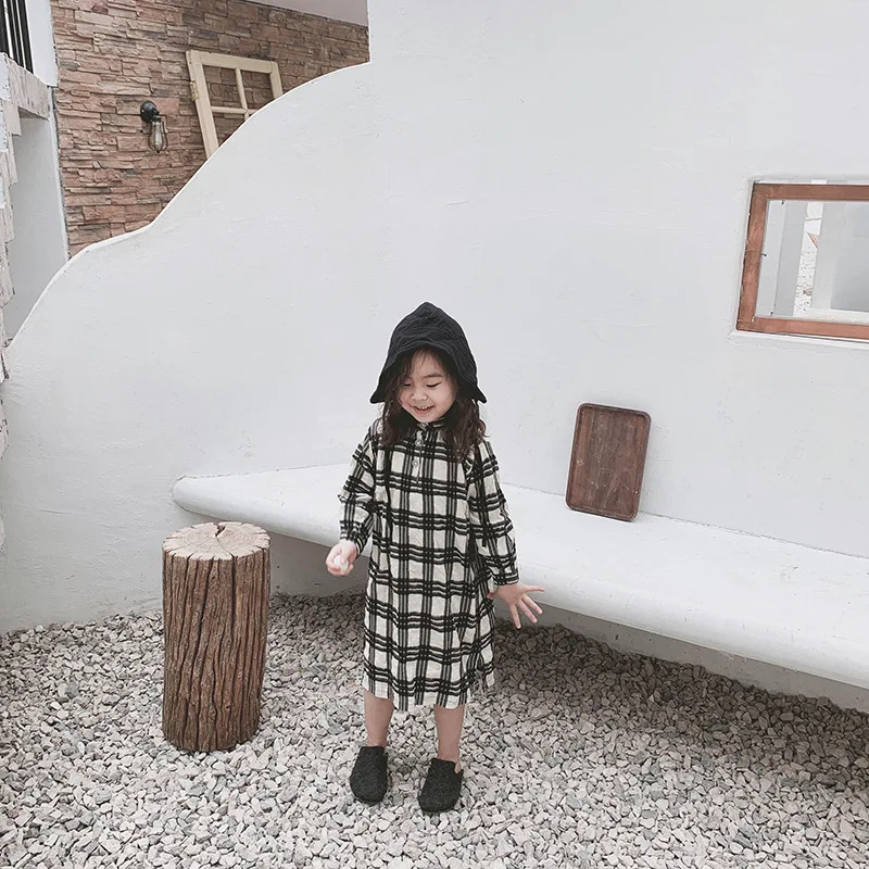 

2019 Spring Summer Korean Children's Cotton Hemp Dress 2-6Y Infant Toddler Girl Baby Long-sleeved Plaid Dress Retro Kids Dress