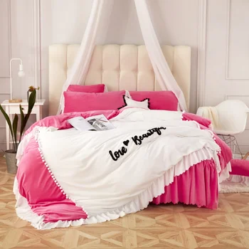 

2017 New Winter Fleece fabric Bedding Set Princess style Bedding Sets bed skirt Pillowcase Bed Linens Deisiner Duvet Cover