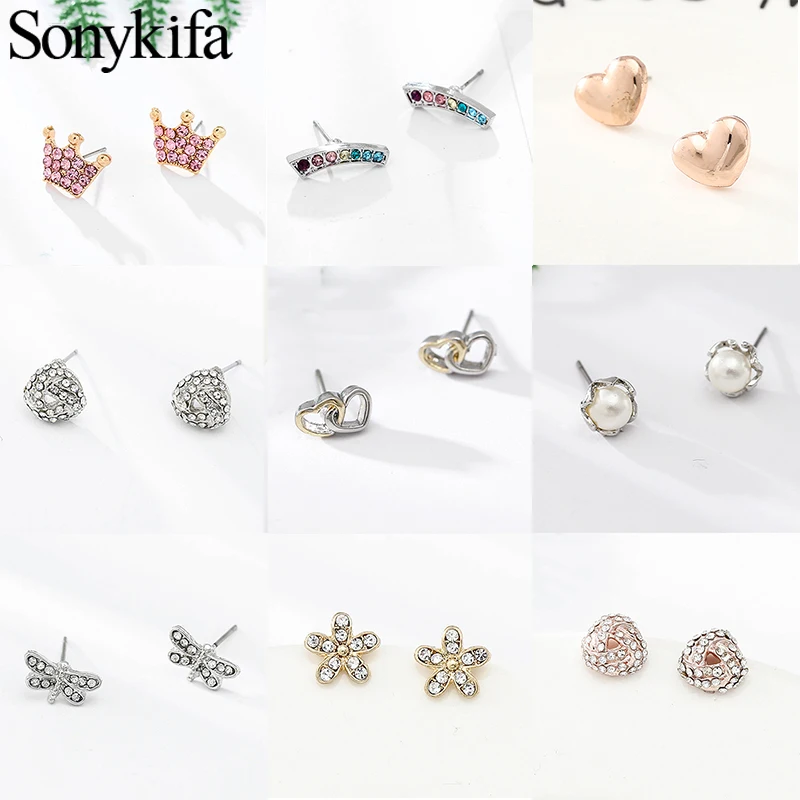 

New Crown & Rainbow Silver Color Stud Earring For Women Girl Sparkling Rhinestone Pandoro Earrings Fashion Jewelry Dropshipping