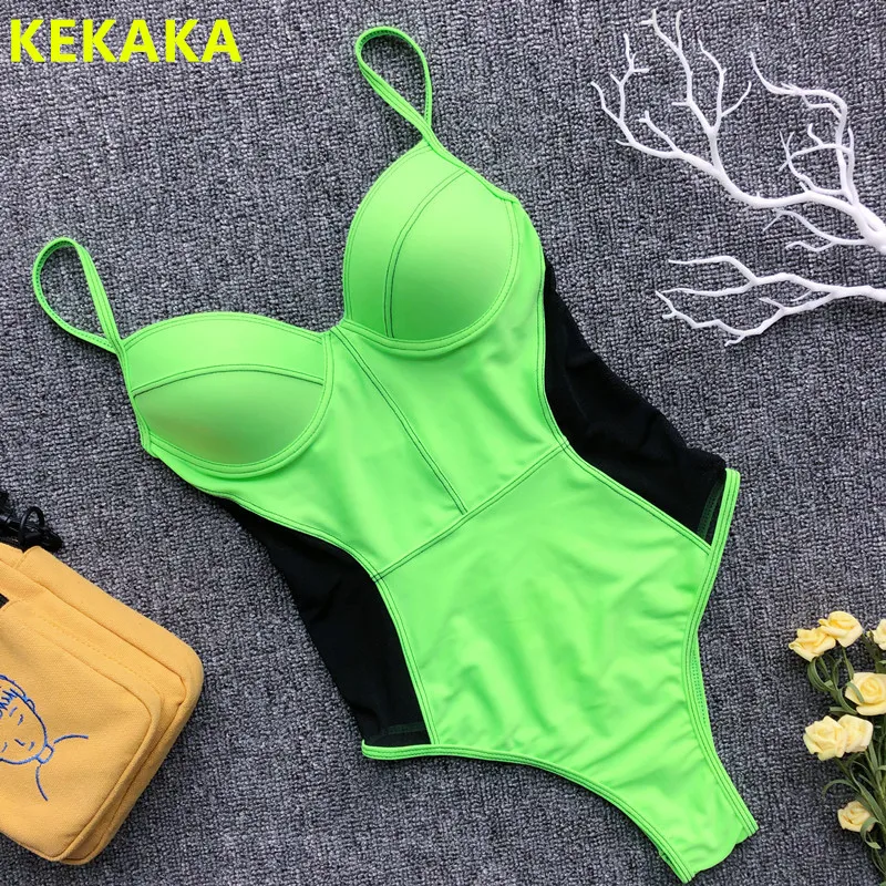 

KEKAKA Junior Girl Women's Neon Green One Piece Swimsuit 2019 Sexy Push Up Mesh Sheer Swimwear Monokini Female Bathing Suit