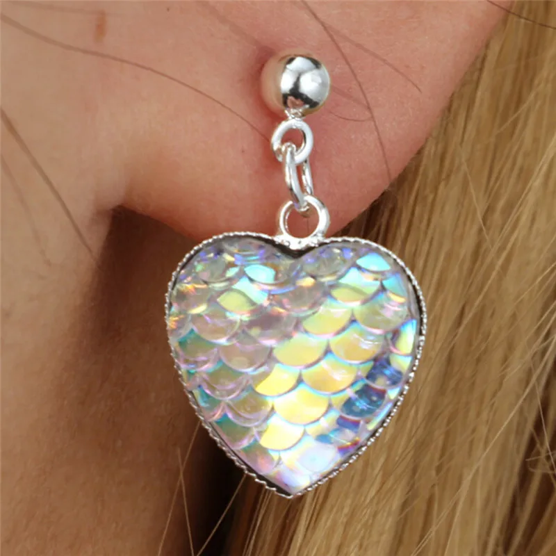 Серьги ручной работы Drusy с бусинами из смолы сердца узор в виде русалки рыбки