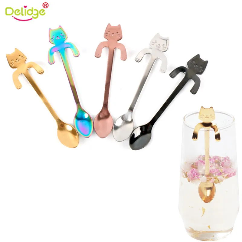 

Delidge 1pc 5 Color Cat pattern Mini Coffee Spoon Stainless Steel Creative Tea Desserts Long Handle Spoon Kitchen Tableware