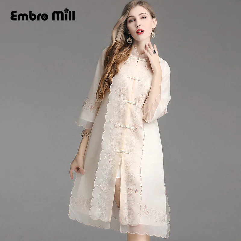 

spring folk-custom Standing collar Organza embroidery Single-breasted coat fashion Thin and light elegant coat female M-XXL