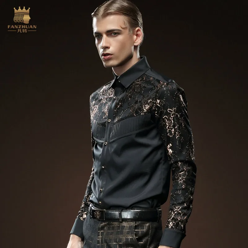Fanzhuan,, новая мода, повседневная мужская черная тонкая рубашка с длинными рукавами,, сшитая рубашка, 512061, растительный узор