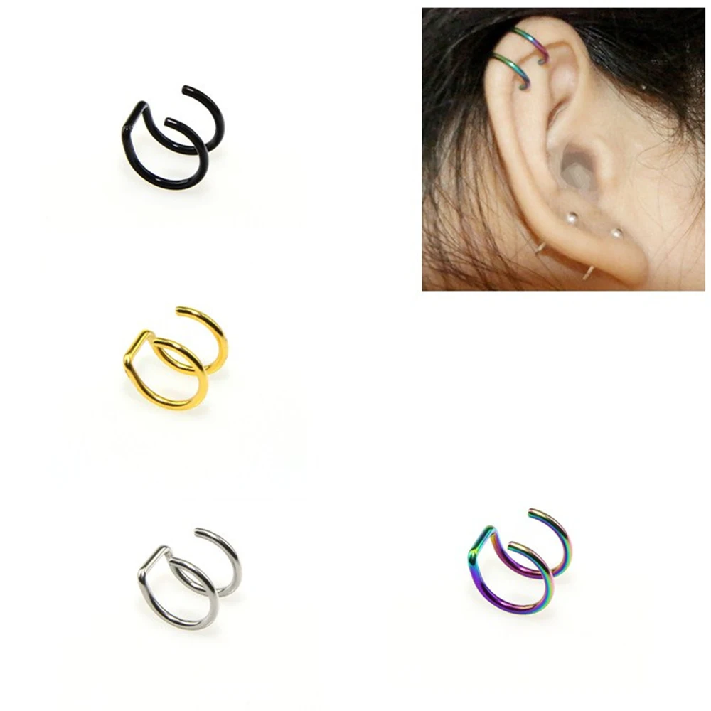 

MODRSA 1pc U Shape Clip On Wrap Earring Tragus Stainless Steel 2 Rings Ear Cuff Clip Nose Ring Fake Piercing Body Jewelry