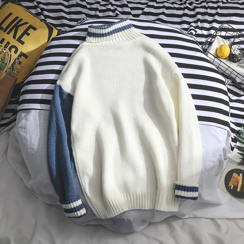 

Sweaters Men Turtleneck Loose Patchwork Leisure Daily Soft Warm Knitting Korean Style Simple All-match Pullover Mens Sweater
