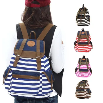 

Unisex Fashion Strip Canvas Casual Bag Backpack Satchel for Women Men 5 Colors AB@W Women bag