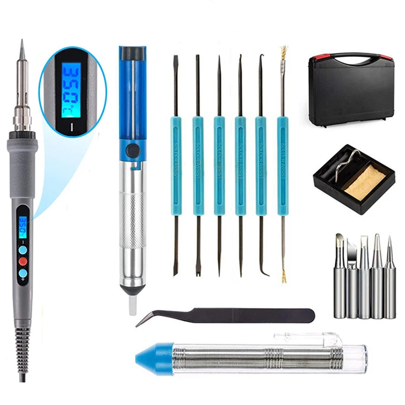 

Eu Plug 220v 60w Adjustable Temperature Electric Soldering Iron Kit+5pcs Tips Portable Welding Repair Tool Tweezers Solder Wire