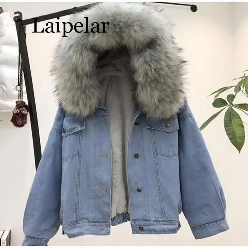 discount  Women Jean Jacket Winter Thick Jean Jacket Faux Fur Collar Fleece Hooded Denim Coat Female Warm Den