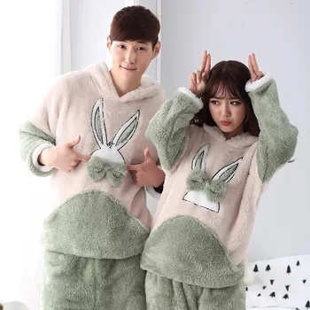 

Unisex contrast color animal pajamas set soft warm hooded sets kawaii front pocket winter rabbit lovers sleepwear suits 1120