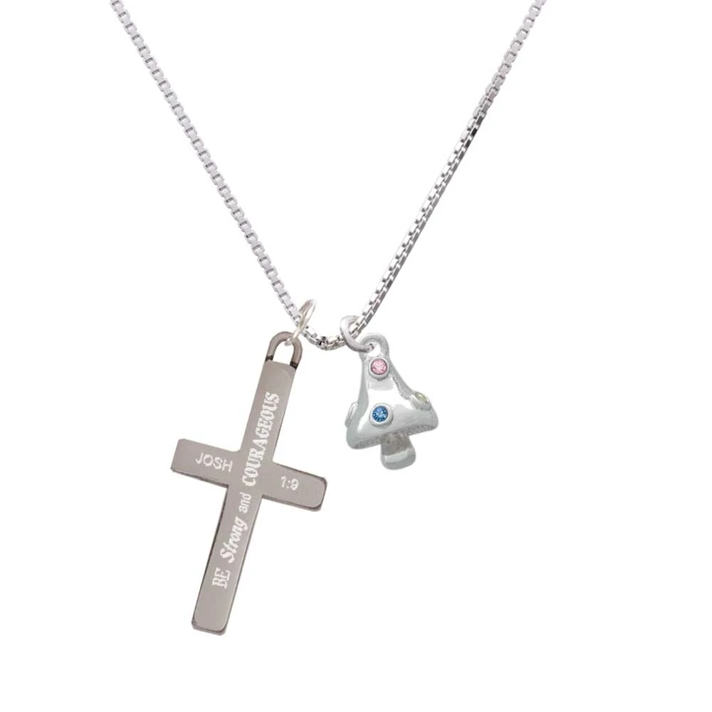3-D Mushroom with Multicolored Crystals - Strong and Courageous - Cross Necklace