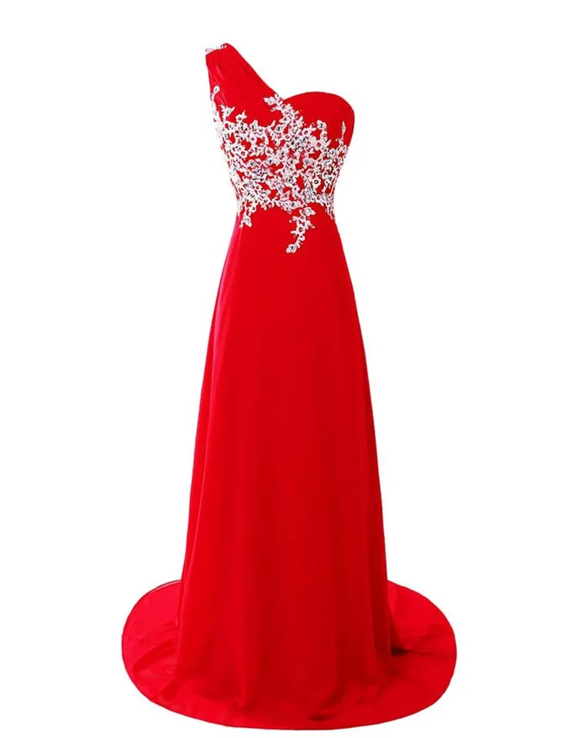 Evening font b Dresses b font Long One Shoulder Red Chiffon Appliqued font b Prom b