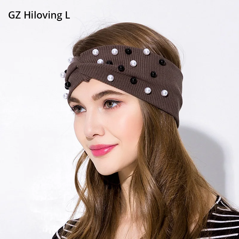 

GZHiLovingL 2018 Spring Women Cotton Headband Stretch Soft Headwear Pearl Turban Twist Headbands Sports Headdress Accessories
