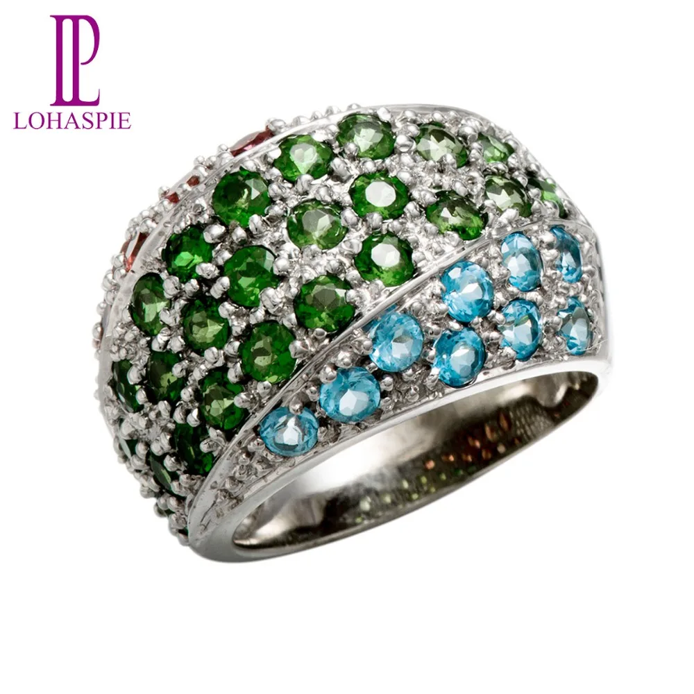 

Lohaspie Genuine Chrome Diopside & Garnet & Sky Blue Topaz 10K White Gold Wedding Band Rings Vintage Fine Jewelry For Women