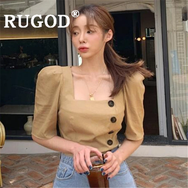 RUGOD/Женская винтажная однотонная блузка с квадратным воротником и пышными рукавами, однобортная тонкая рубашка, Новая модная женская элегантная корейские Топы