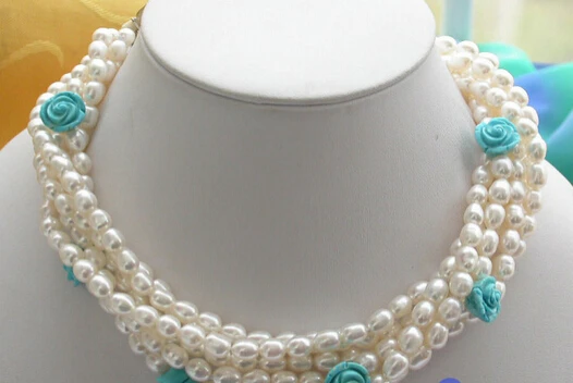 

ddh003157 6ROW WHITE RICE FRESHWATER PEARL turquoise flower NECKLACE
