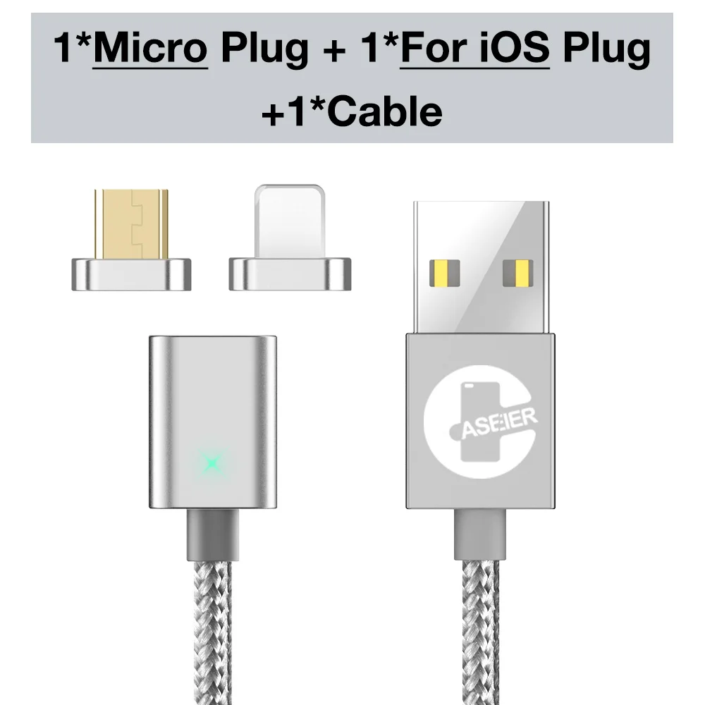 CASEIER Magnetic USB Digital Cable For iPhone X XR XS Max 7 6 6s Plus Micro USB Type C 3 in 1 Charging Data Transmission Cable - Цвет: Sliver 2 Plug Cable