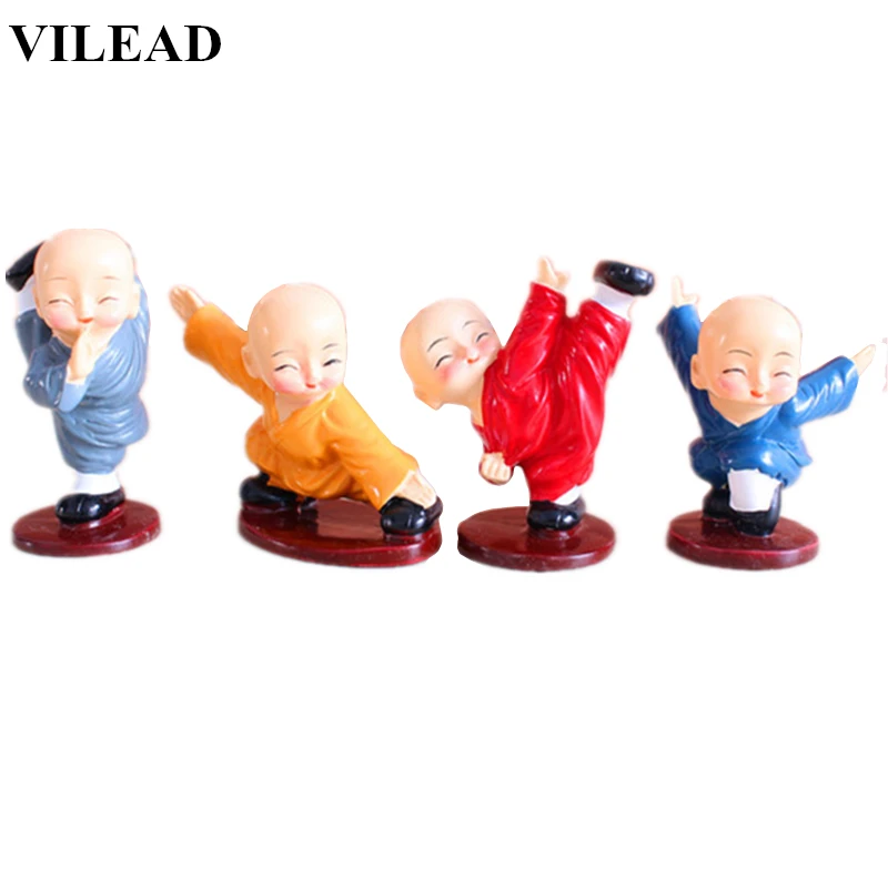 

VILEAD 4pcs/Set Resin Kungfu Monk Figurines Cute Cartoon Little Monk Statue Lovely Ornament Crafts for Home Decor Kids Gifts