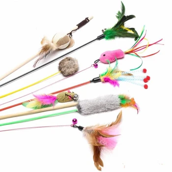 

Cat Interactive Toy Stick Feather Wand With Small Bell Mouse Cage Toys Plastic Artificial Colorful Cat Teaser Toy Pet Supplies