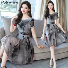 Женский корейский ретро стиль Boho стиль живописи тушью лето большого размера с принтом шифон пляжная юбка элегантный самосовершенствование Bodycon пляжный секрет с коротким рукавом Vestidos