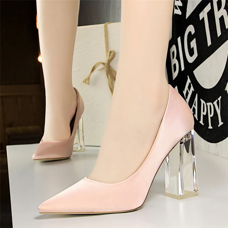 

Plus Size 43 Women Pointed Toe Transparent Block High Heels Escarpins Femme 2018 Spring Elegant Lady Office Party Pumps Shoes