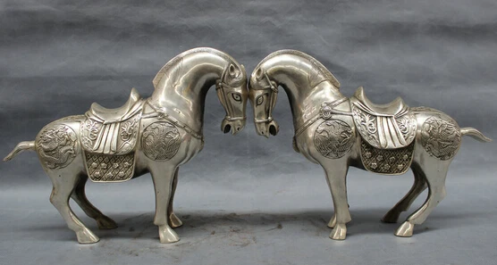 

wholesale factory 14" Folk Chinese Silver Wealth FengShui Dragon Phoenix Tang Horse Statue Pair