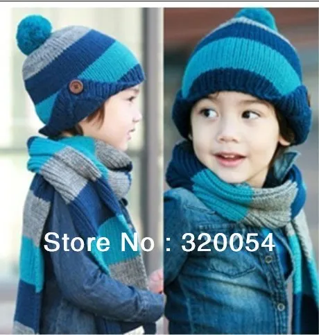 1 комплект шапка и шарф, возрастом от 2 до 8 лет Детская кнопку полоса вязаная шапка+ шарф, зимние теплые шапка многоцветная