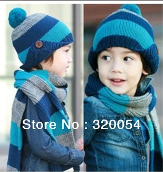 

Free shipping,1 set hat and scarf ,2 - 8 years old children's button stripe knit cap + scarf ,winter warm hat multicolor.