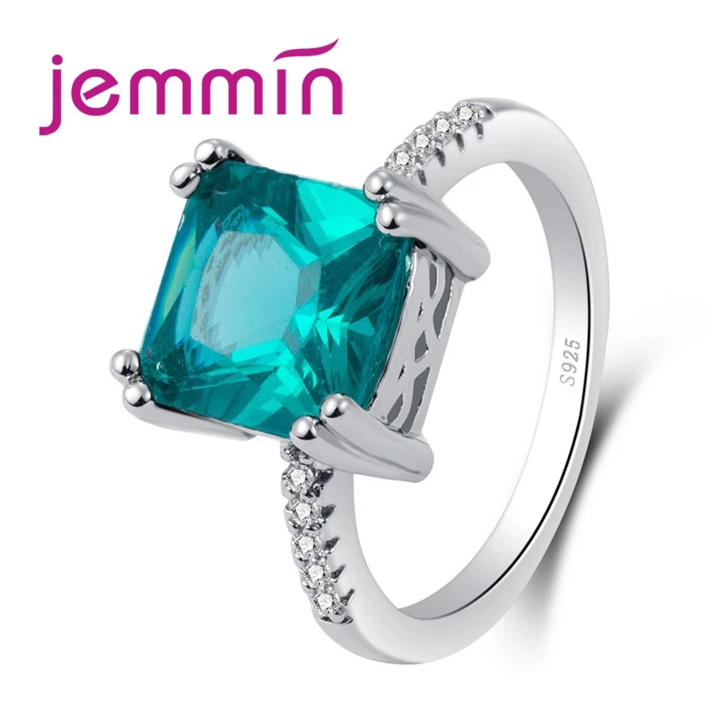 

New Arrival Fashion Lady Big Green Square White CZ Stone 925 Sterling Silver Round Ring Jewelry Women Wedding Party