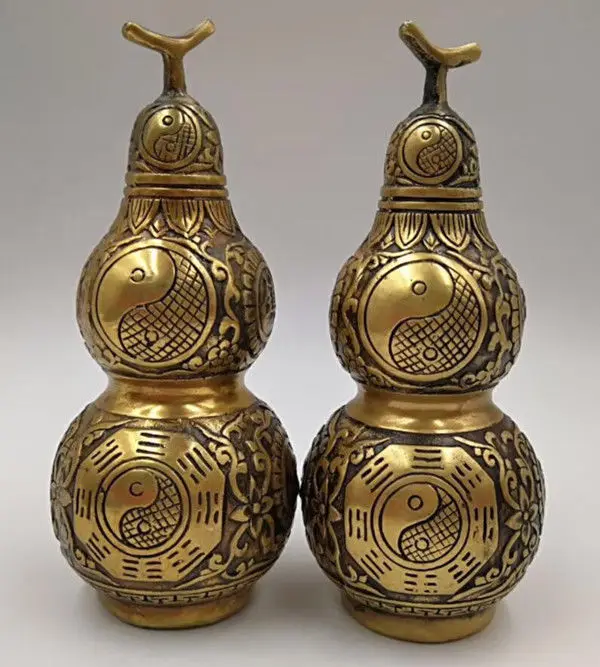 

Chinese Old Brass Handmade Carved gourd statue 2 pieces