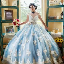 Популярные светло голубой и белый Quinceanera платье с рукавами и аппликацией кружево Бусины Пояс кушак лук Vestidos de 15 anos бальное