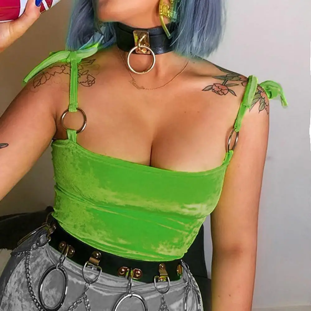 

Heouty Velvet Neon Green Sexy Crop Top Streetwear Halter Backless Cami Tank Tops Summer 2019 Women Rave Festival