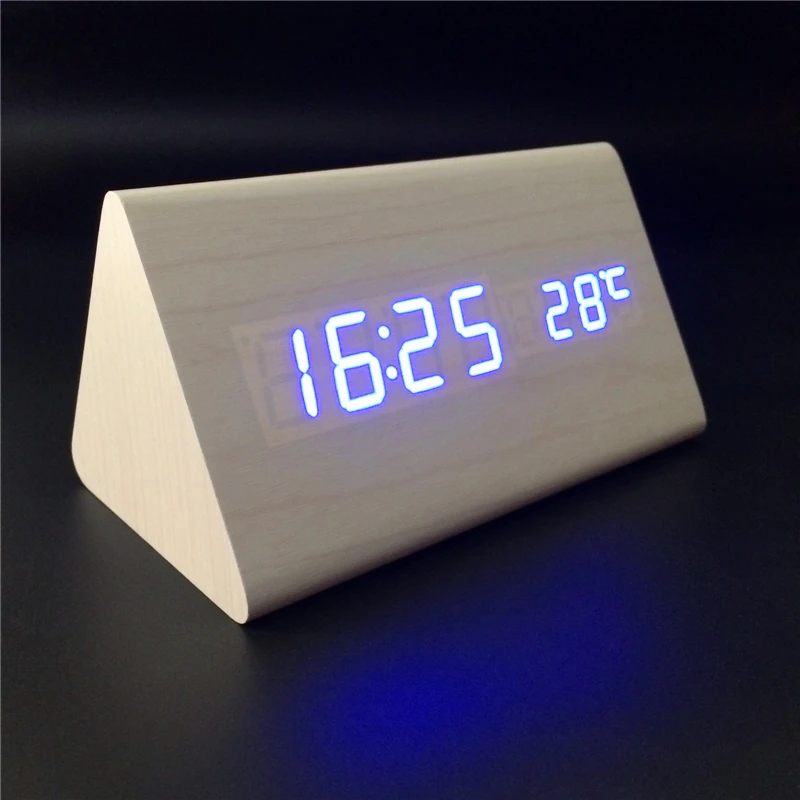 Акустический календарь управления термометр с сигнализацией деревянные часы со светодиодным дисплеем цифровые часы с треугольным циферблатом с секундной xyzTime-6035B-White
