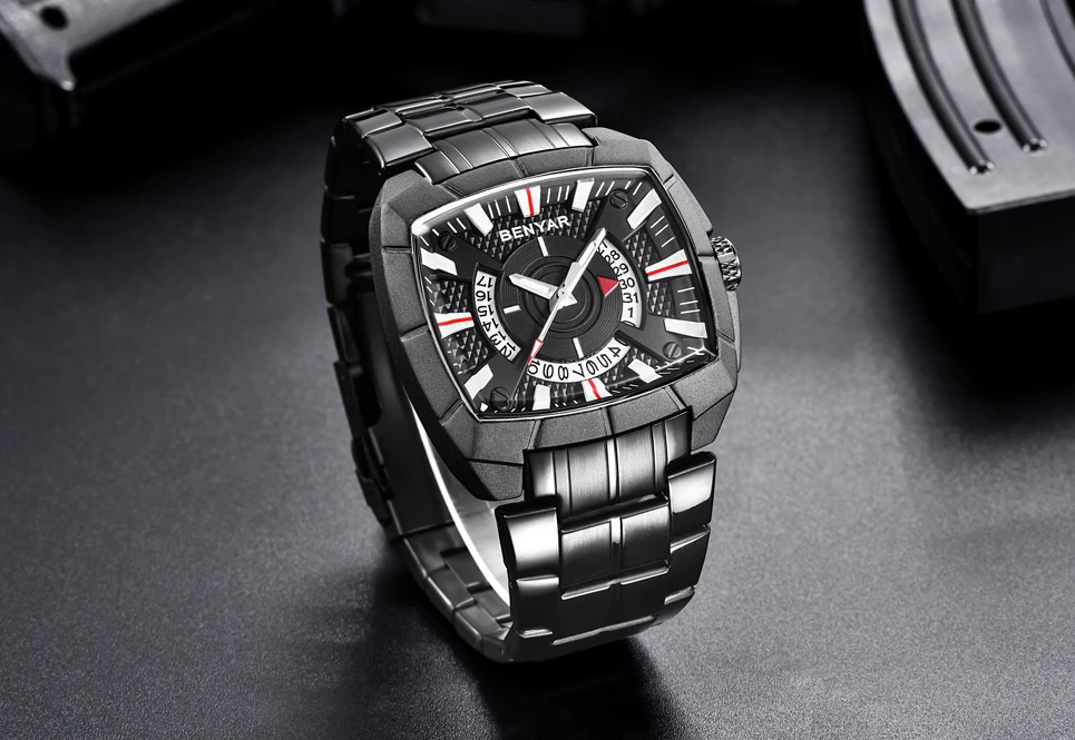 Модные Повседневные бренд benyar Спортивные кварцевые мужские черные наручные часы большой циферблат водостойкие стальные часы Relogio Masculino