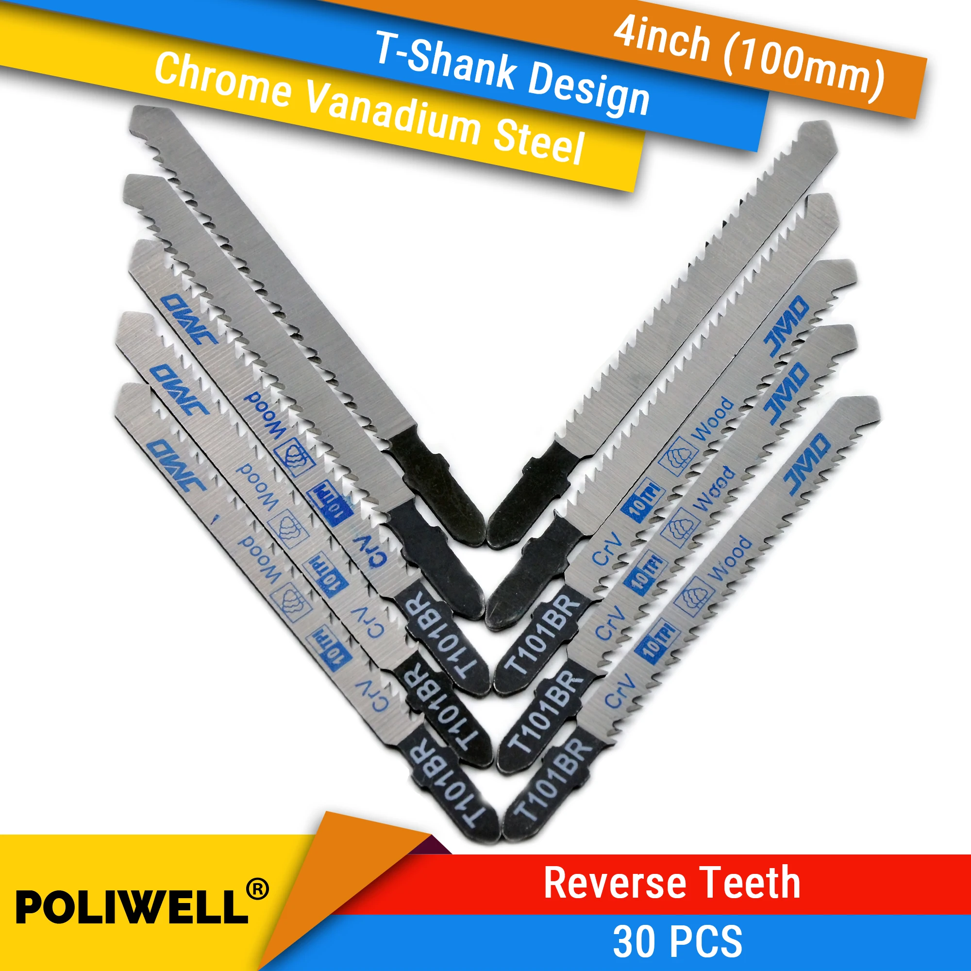 

30PCS T101BR T-shank Reverse Teeth Cutting Saw Blades Reciprocating Saw Blade Set 4 Inch 100mm Jig Saw Blade for Woodworking