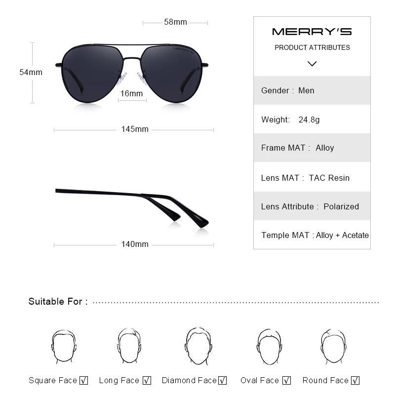 MERRYS, дизайнерские мужские классические солнцезащитные очки пилота, авиационная оправа, HD поляризационные солнцезащитные очки для мужчин, s, для вождения, защита от уф400 лучей, S8183