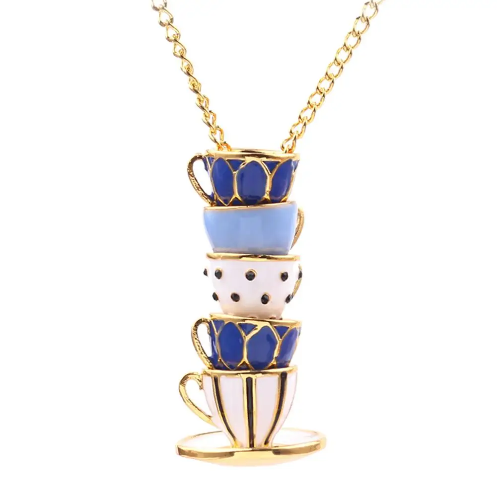

Hot Fashion Women Hand Painted Enamel Teacup Pendant Necklace Long Chain Jewelry Gift
