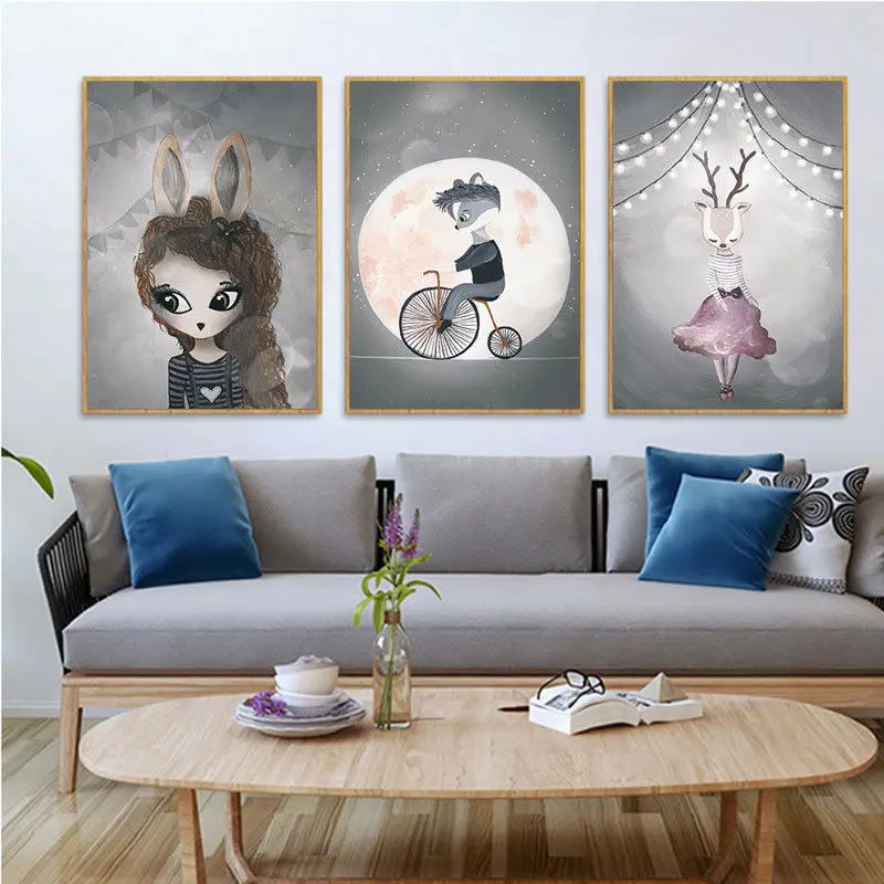 RuoGuan скандинавский акварельный мультяшный Единорог Кролик Девочка Мальчик животное плакат Холст Картина Настенная картина Детская комната Домашний декор SH-861