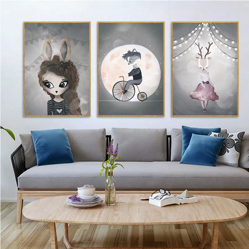 

RuoGuan Nordic Watercolor Cartoon unicorn Rabbit Girl Boy Animal Poster Canvas Painting Wall Picture Kids Room home decor SH-861