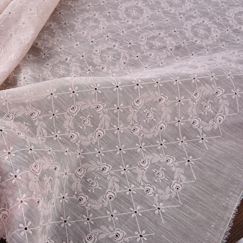 

140CM Wide Thin Embroidery Stiff Beige Floral Silk Linen Fabric for Summer and Spring Dress Clothes Shirt H089
