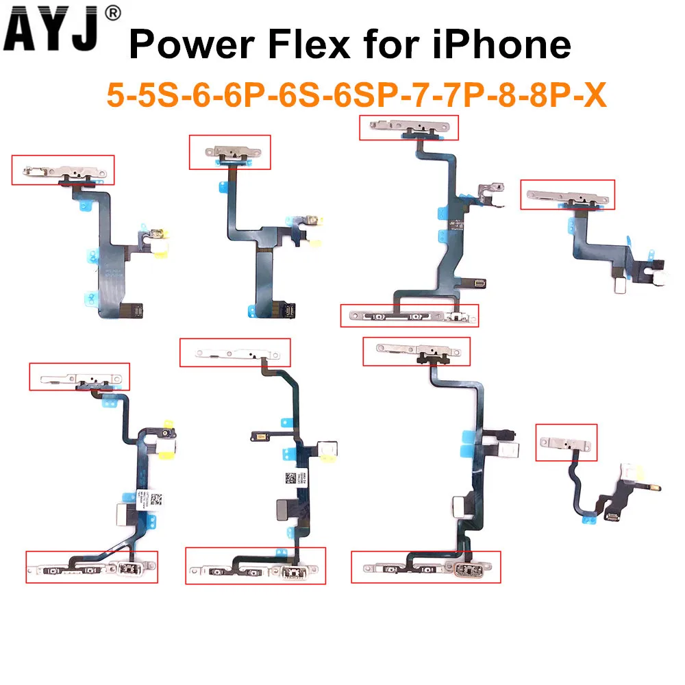 1 Piece Power Flex Cable with Metal For iPhone 5 5S SE 6 6S 7 8 Plus X Volume Switch On Off Button Spare Part Replacement