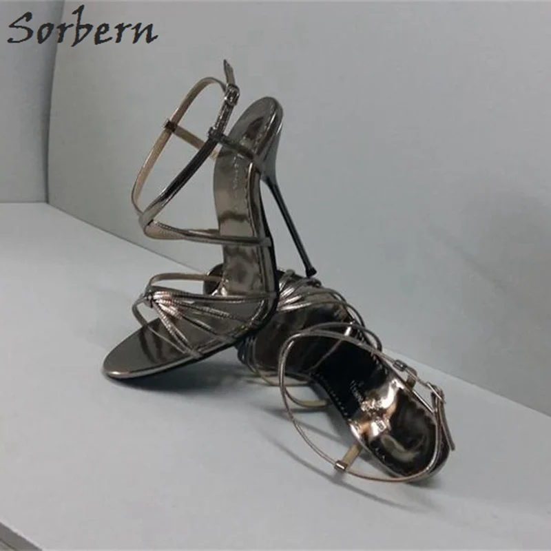 Sorbern Shiny Grey Thin Metal High Heel 14Cm Cross Straps Sandals Women Custom Red Bottoms Stilettos Womans Shoes Size 33-52 Sorbern Shiny Grey Thin Metal High Heel 14Cm Cross Straps Sandals Women Custom Red Bottoms Stilettos Womans Shoes Size 33-52