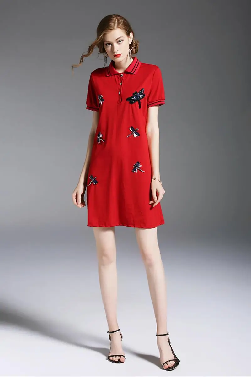 New Arrival 2018 Brand Clothing Summer Short Sleeved T-shirt Dress Women Embroidery Beading Casual White POLO Shirt Dress S-XXL