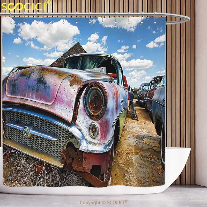 

Cool Shower Curtain Vintage Abandoned Vintage Cars Rusting in a Ghost Town Cloudy Sky Digital Image Light Coffee and Blue