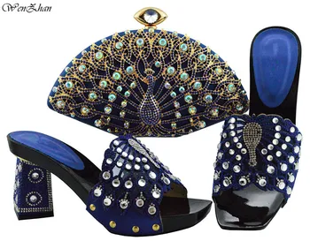 

Latest High Heel Shoes With Matching Bag Set 2018 Nigerian Shoes and Bag Set Wtih Peacock Diamond For Parties WENZHAN B811-24